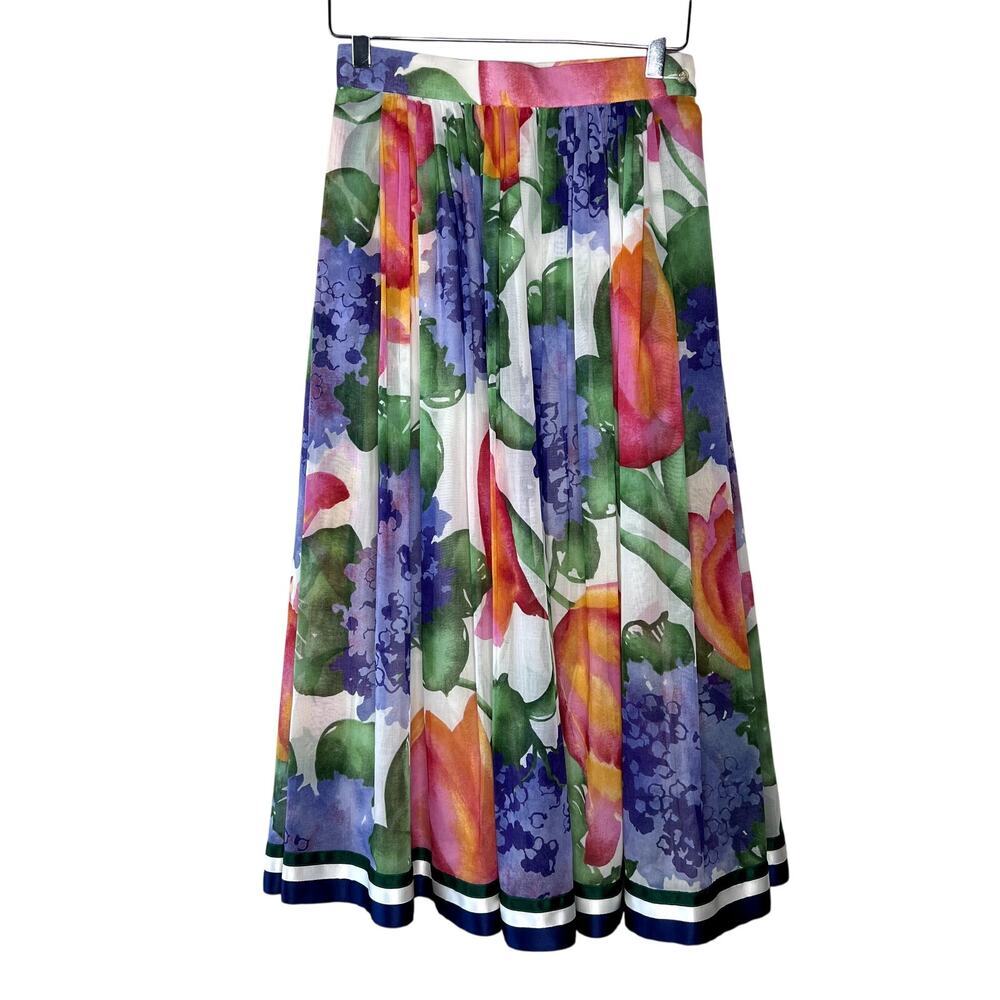Helene Straber Vintage Maxi Skirt Watercolor Floral Print Ribbon Trim EU 36 XS